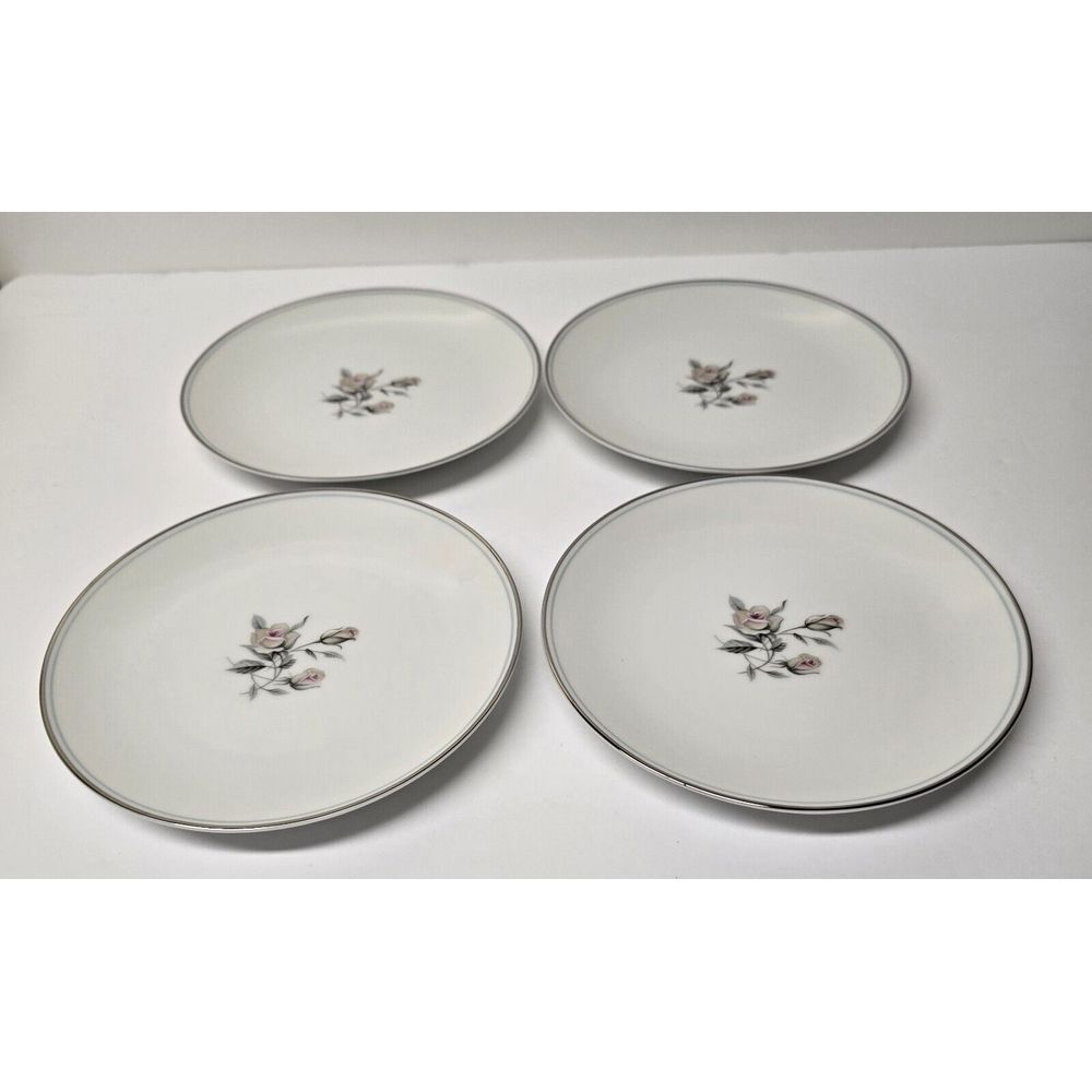 4pc. Noritake MARGOT Bread / Dessert‎ Plates Pink Rose White-Platinum trim 6.5"